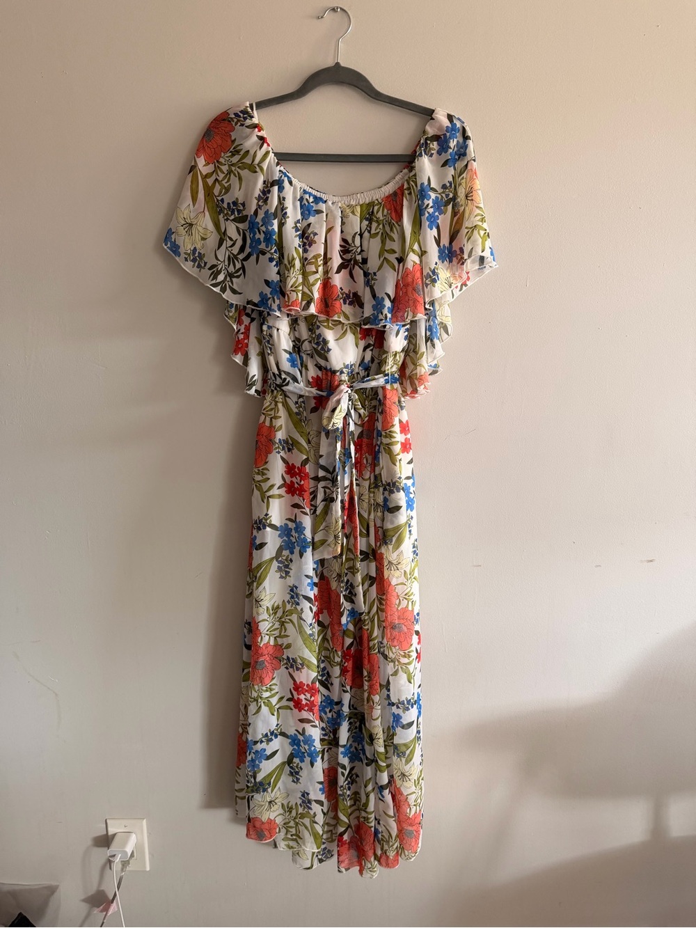 Off-Shoulder White Maxi Dress with Coral & Blue Floral Print